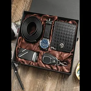 Men's Business Fashion Watch & Wallet & Belt & Keychain Set, Watches for Men, Casual Trendy Watch Set for Men, Exquisite Watch Set for Birthday Gift, Accessories Set