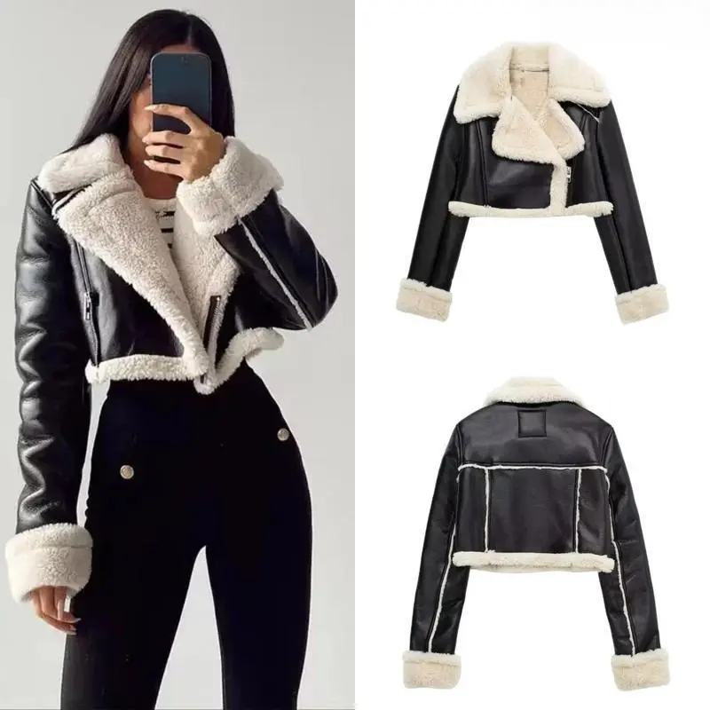 Women's Cropped Leather Jacket Coat Black  Blends Coats Bomber Tweed Jacket Autumn Winter Leather and Fur Crop Jacket Can be used with raincoat