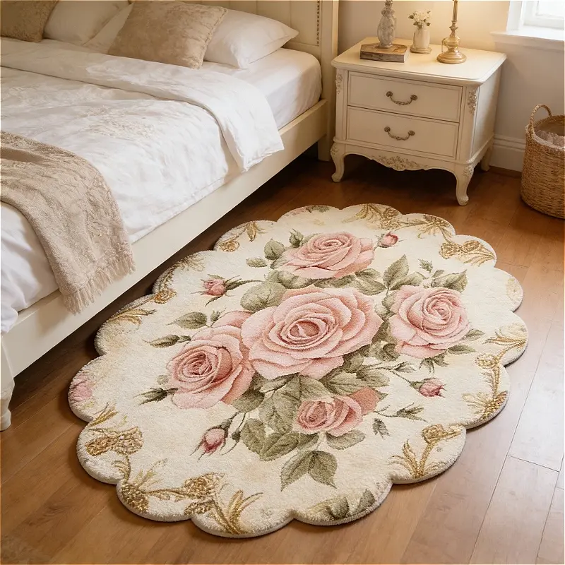 French-Style Vintage Bedroom Bedside Rug, European Country-Style Living Room Decorative Rug, Plush Rug with Wavy Edge Design, Floral Pattern Rug, Washable Kitchen Bathroom Entryway Non-Slip, Home Decorative Rug