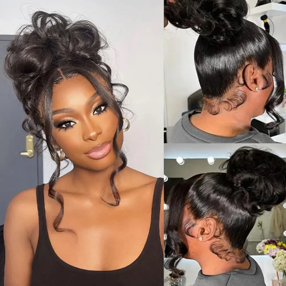 Women's MYLOCKME 360 Lace Glueless Frontal Wig - Brazilian Human Hair Body Wave Full Lace, Invisible Drawstring & Edge, Pre-Plucked, Natural Color, Heat Resistant, for Female Wear Everyday Use