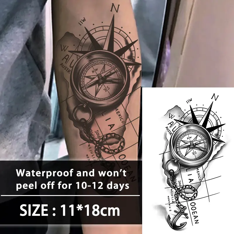 Revolutionary Technology Tattoo, Semi-Permanent, Compass, Anchor, Animated Tattoo, Temporary Tattoo, Fake Tattoo, Waterproof, Authentic Tattoo Appearance, Plant Tatto, Size, Authentic Look