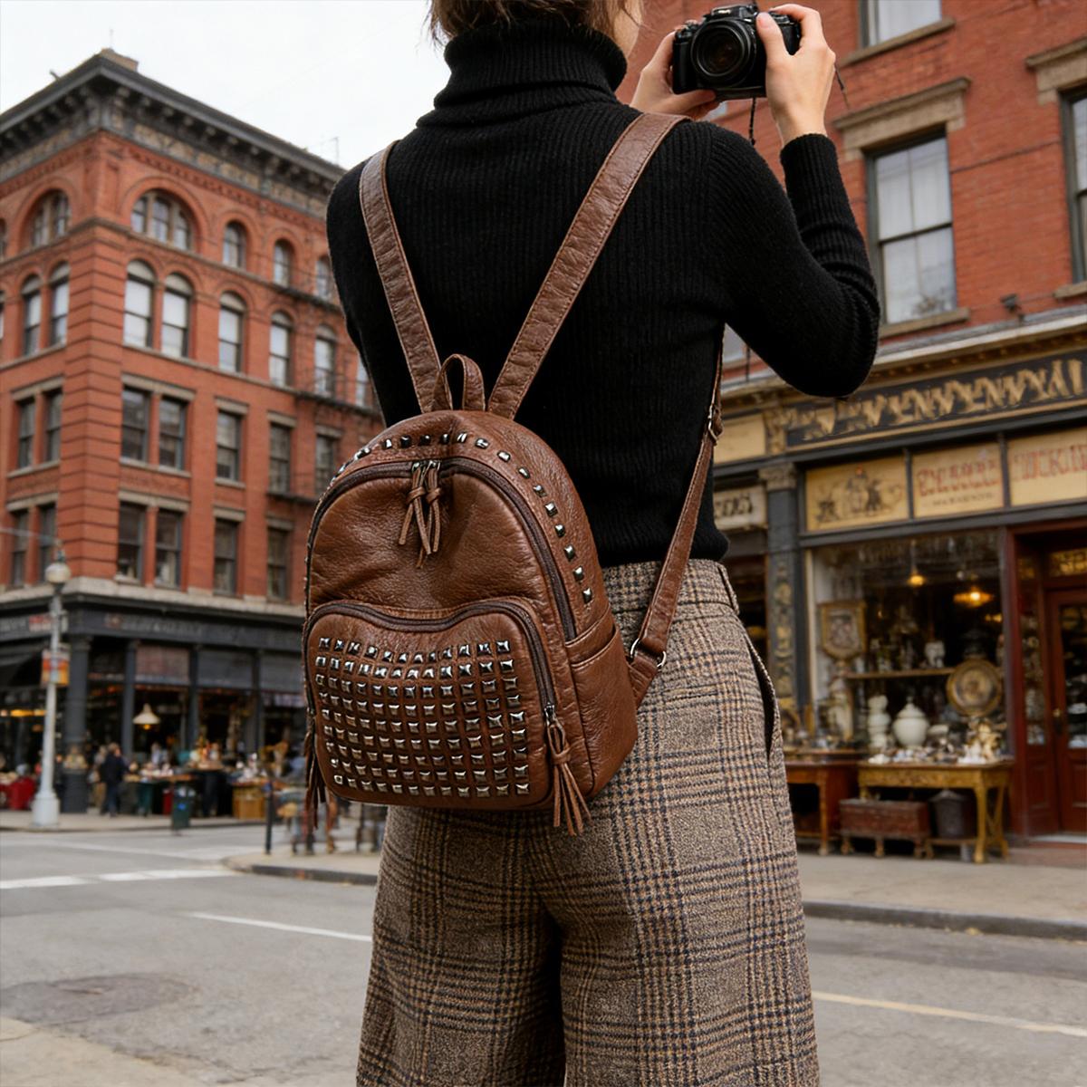 Multifunctional Handheld Backpack Solid Color Rivet Punk Backpack for Vacation Travel Soft Leather Cool Silver Studs Black Studded Design Water Resistant Laptop