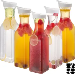 5-Pack 50 Oz Plastic Water Carafe Pitcher with Flip Top Lid Square Base Juice Containers for Drinks Water Tea Juice Milk Lemonade and Other Beverages High-Quality PET Material Leak-Proof Design - Bottles, Drinkware