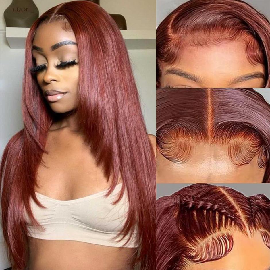 YAWAWE Hair Reddish Brown Layered 7x5 Wear go Glueless Wigs with Drawstring Effortless Install  Pre Plucked Pre Cut Bone Straight Human Hair Lace Front Wig Colored Brazilian Transparent Lace Frontal Wig For Women