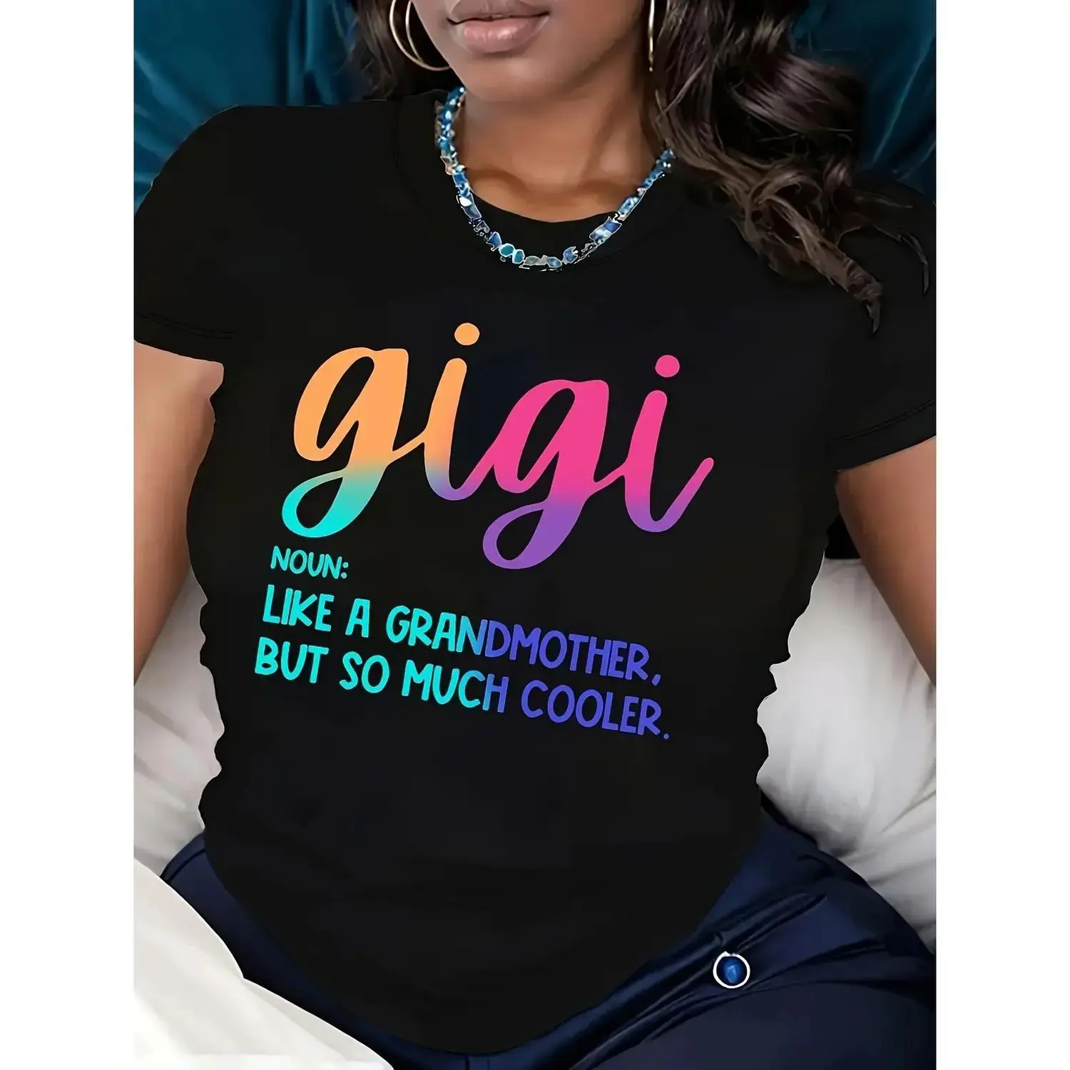95% Polyester 5% Elastane Casual Crew Neck T-Shirt with Gigi Alphabet Print, All Season Comfort Fit, Knit Fabric Tee
