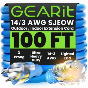 14/3 Outdoor Extension Cord 100 Feet - SJEOW - Extreme Weather Resistant - 14 Gauge 3 Prong, Blue 14/3 Outdoor Extension Cord 100 Feet - SJEOW - Extreme Weather Resistant - 14 Gauge 3 Prong, Blue