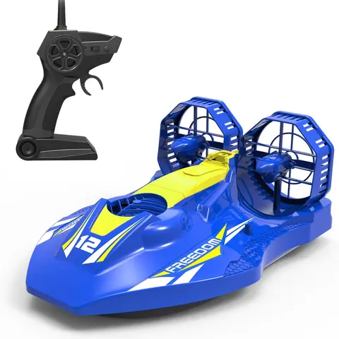 Remote Control Boat - Compact Amphibious Twin-Propeller 2.4GHz 100% Assembled RC ACV Hovercraft Toy for Kids, 6 mph (10 kmph) Speed, 400mAh Rechargeable Lithium Ion Battery, Waterproof Design, 15 Mins Play, Screwdriver Included for Land/Water Fun