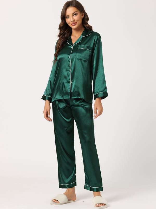 INSPIRE CHIC Satin Night Suits Sleepwear Button Down with Pants Silky Lounge Sets Dark Green