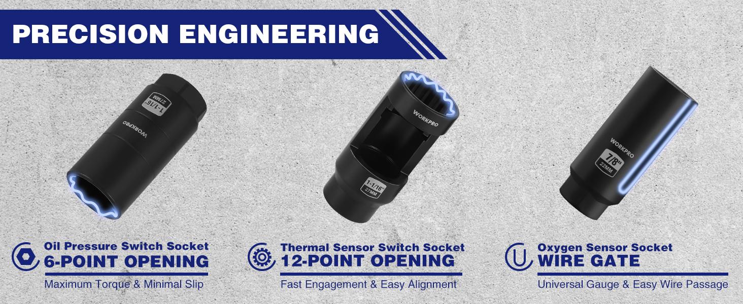 #SpringGlowUp WORKPRO 7-Pack O2 Oxygen Sensor Socket, Automotive 3/8" 1/2" Drive x 1-1/16" 7/8" 27mm 22mm O2 Sensor Socket Removal Tool Wrench and Thread Chaser Set, for Oil Pressure Vacuum Thermal Oxygen Sensors