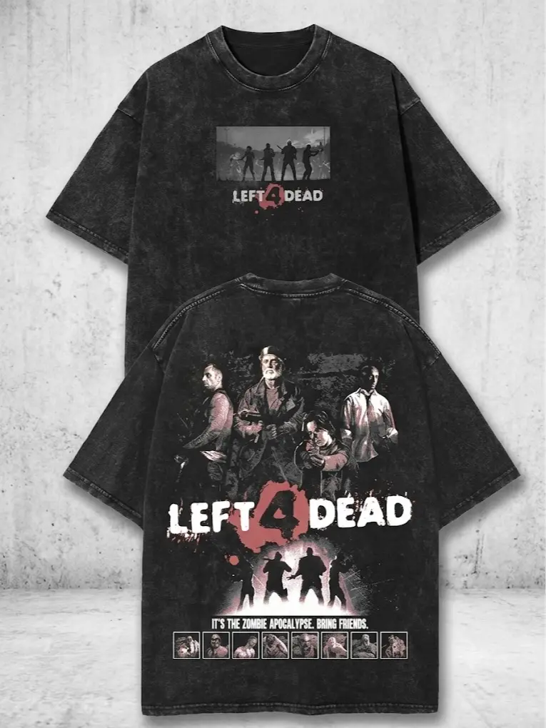 Unisex Vintage Acid Wash Left 4 Dead T-Shirt Retro Gamer Zombie Graphic Tee Oversized Y2K Streetwear Top Crewneck