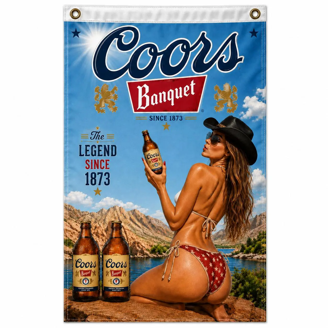 Coors Banquet Beer Vintage Wall Flag, Cowboy Girl Lake Mountain Tapestry Banner, Rustic Bar Decor, Man Cave Garage Wall Hanging, Beer Lover Gift, Dorm Room Decoration