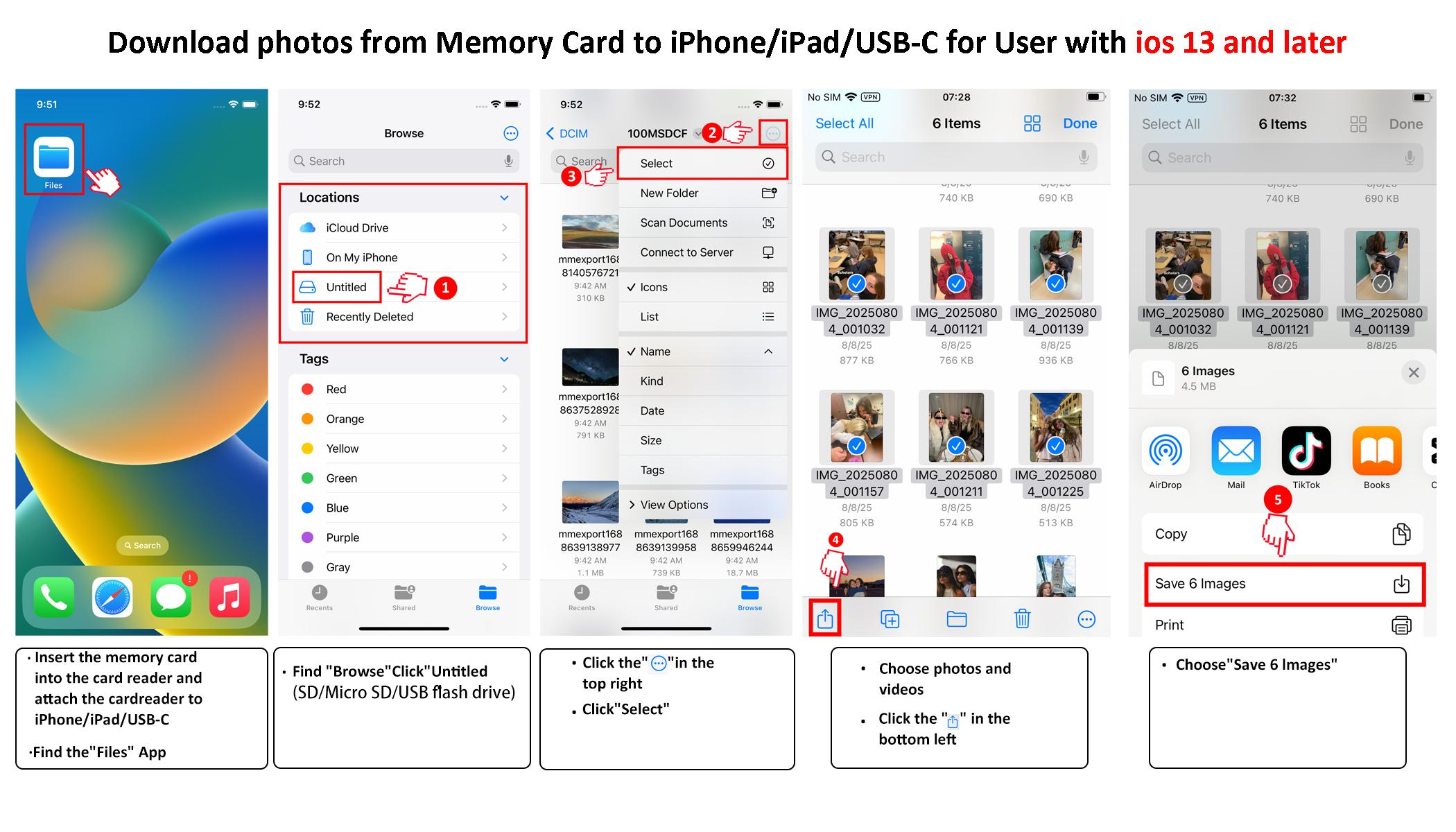 5 in 1 SD Card Reader for iPhone iPad Android, Camera Adapter, USB-C & Lightning, Supports SD/Micro SD Card/USB, Two-Way Photo & Video Transfer, Import to Phone or Free Up Storage, No App Needed