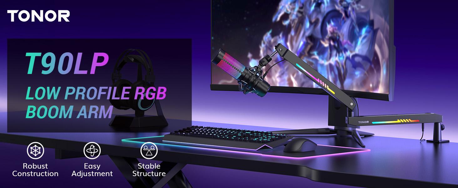 TONOR T90/T20S RGB Boom Arm, Adjustable Mic Stand with 11 Light Modes for Gaming, Streaming, Podcasting, and Recording, Durable Steel Usb Cable
