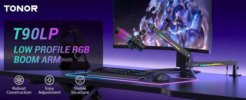 TONOR T90/T20S RGB Boom Arm, Adjustable Mic Stand with 11 Light Modes for Gaming, Streaming, Podcasting, and Recording, Durable Steel Usb Cable