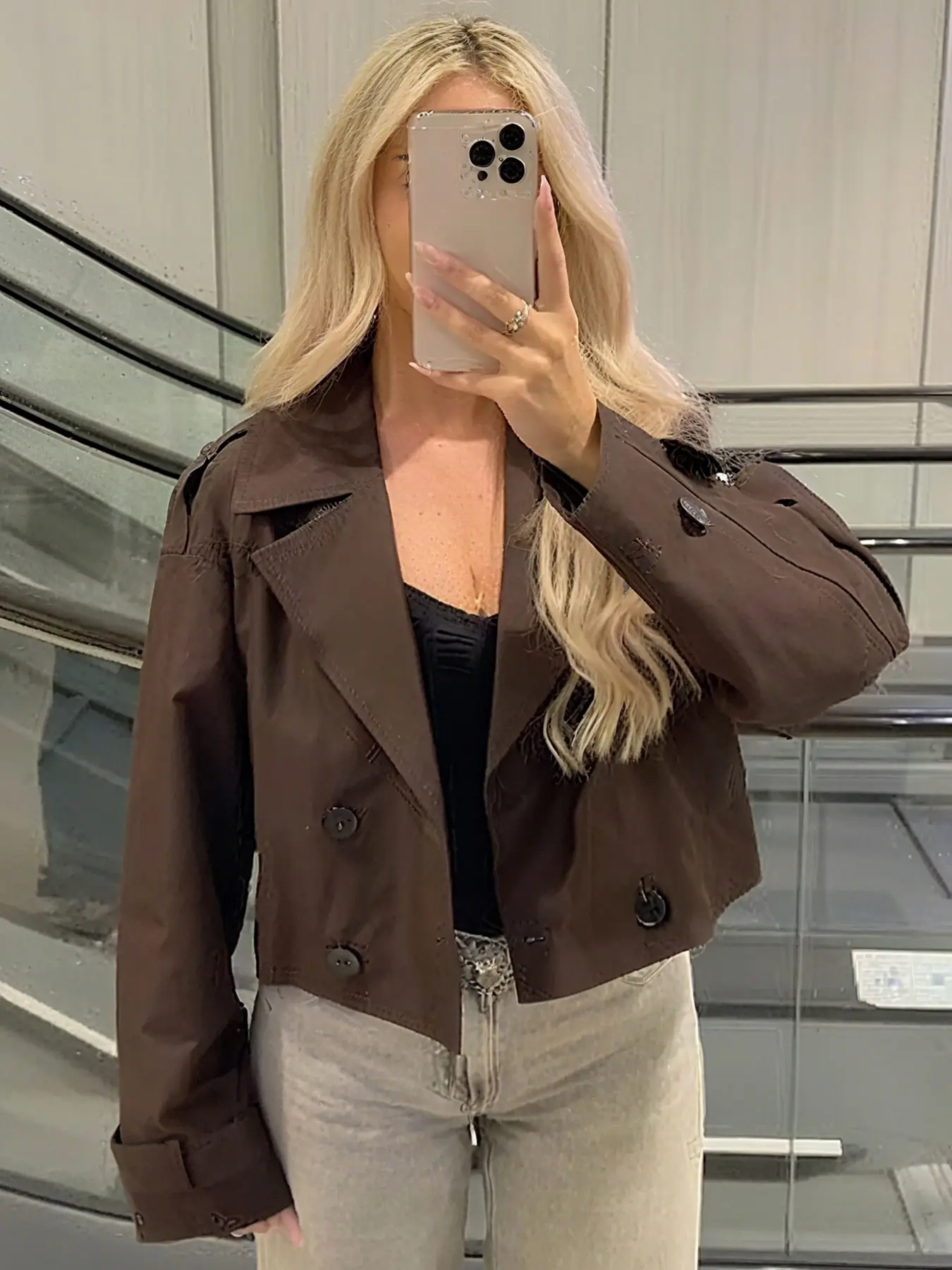 Women's Windbreaker Trendy Cropped Trench Coat Dark Brown Double Breasted Jacket Lapel Collar & Belted Cuffs Vintage Fall Winter Casual Collared Outerwear Casual Outerwears Women's Casual Streetwear