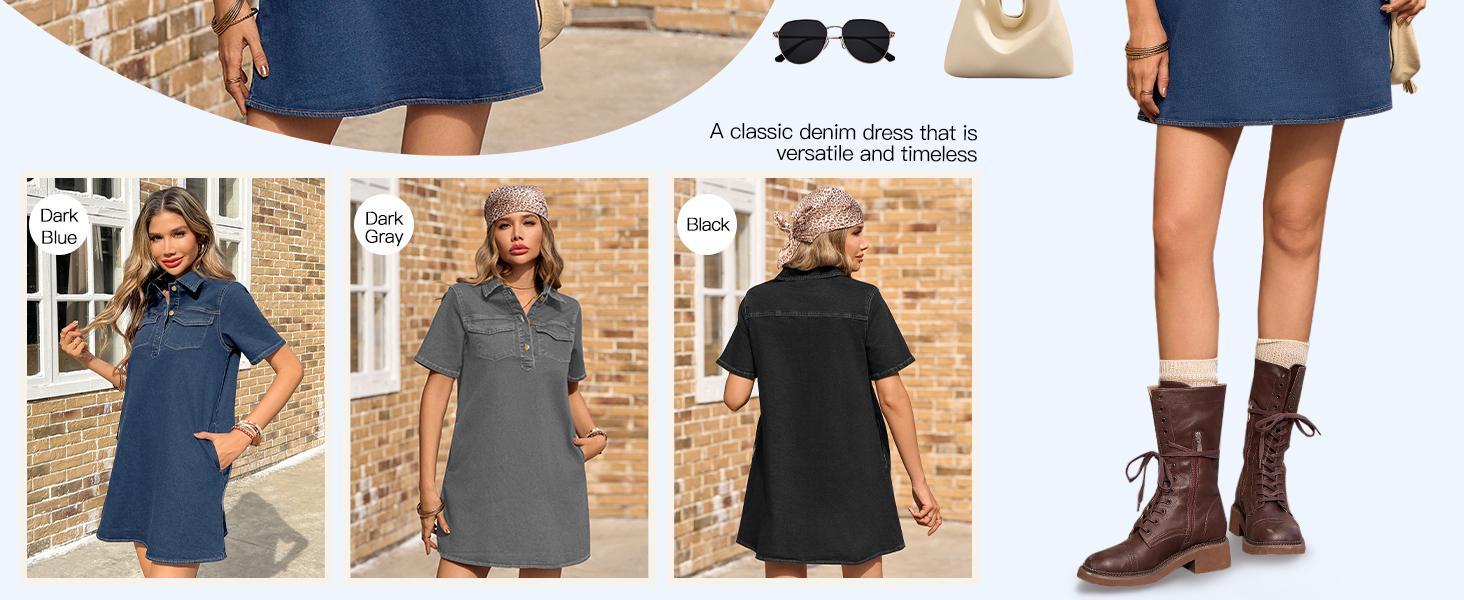 Imily Bela Women's Short Sleeve Denim Dress Button Down Collared Loose Fit Summer Casual Jean Shirt Mini Dresses