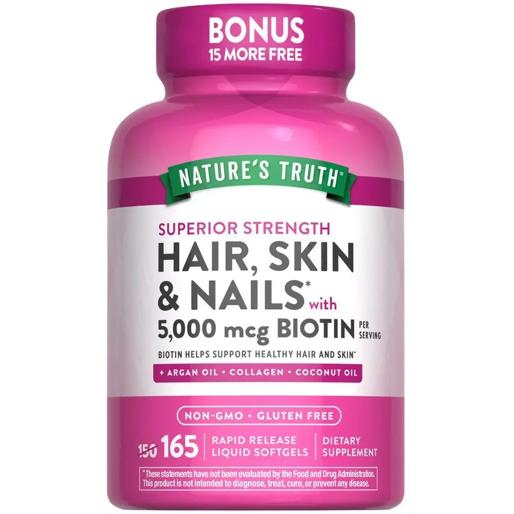 Nature's Truth Hair, Skin & Nails - 5000 mcg Biotin - 165 Softgels - with Collagen - Non-GMO & Gluten Free Supplement