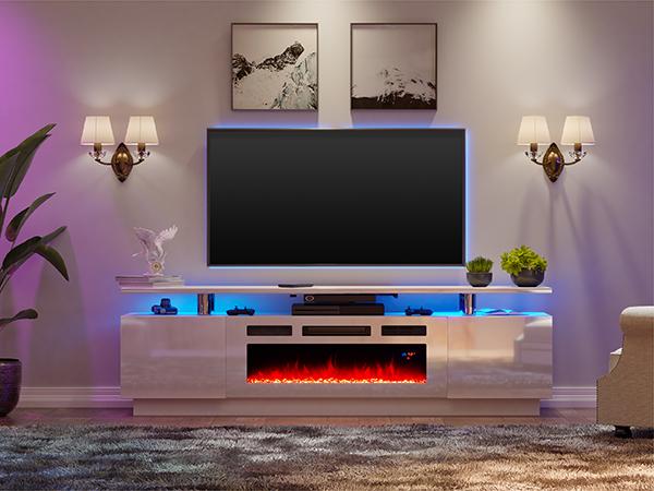 [Ships in 2 Boxes] VanAcc Fireplace TV Stand with Electric Fireplace, Modern High Gloss Entertainment Center with LED Lights, 2 Tier Console Cabinet for Living Room, Bedroom, Office, Remote Control, Multi-color available