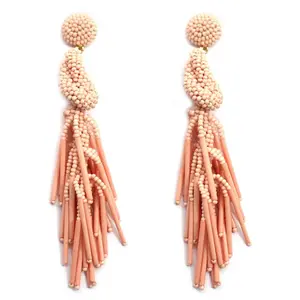 Handmade Beaded Solid Color Post Statement Earrings for Women All Season - 4 inch Long Dangle with Celtic Knot Design - Czech Seed Beads - Salmon