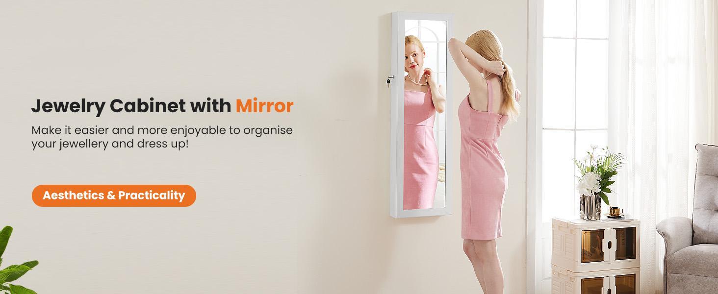 Full-Length Mirror Jewelry Cabinet with Built-in Makeup Mirror, Wall or Door Mount Organizer Armoire, Lockable Storage with 2 Drawers