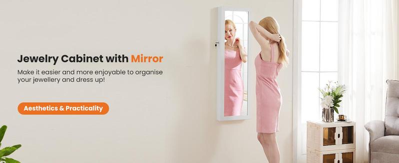 Full-Length Mirror Jewelry Cabinet with Built-in Makeup Mirror, Wall or Door Mount Organizer Armoire, Lockable Storage with 2 Drawers