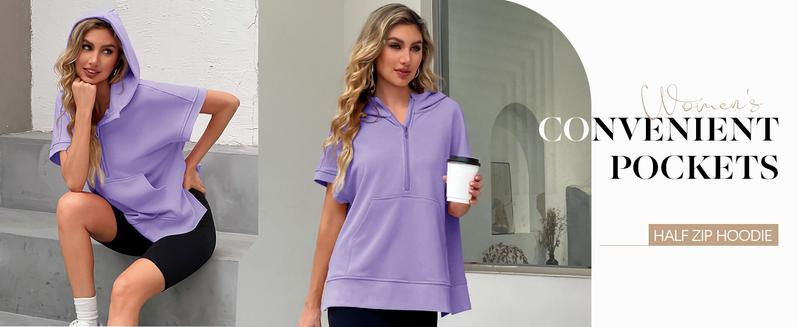FISOEW Womens Oversized Half Zip Hoodies Short Sleeve Casual Sweatshirts Pullover Tops with Pockets Leggings Loose Aesthetic parke mockneck sweatshirt comfort sweatshirts denim tear hoodie FallFreshness #Springtok #TikTokShopJumpstartSale