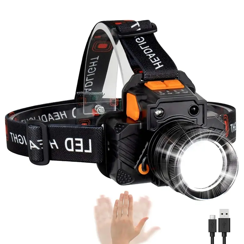 1PC USB Rechargeable Headlamp, High Lumens LED Head Flashlight Motion Sensor Head Lamp, Waterproof, Portable Outdoor Headlight, Zoomable Outdoor Headlamp for Camping Hiking Running Cycling Fishing Work