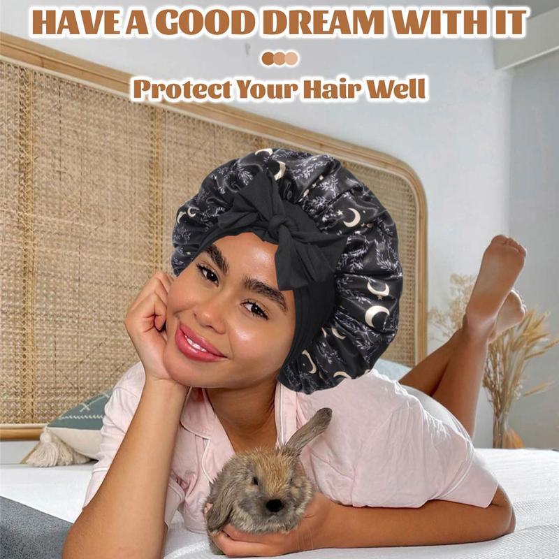 Double Layer Satin Bonnet Silk Like Texture for Sleeping Sleep Cap Hat Hair Bonnets with Elastic Tie Band for Curly Hair Nightcap Gifts for Women