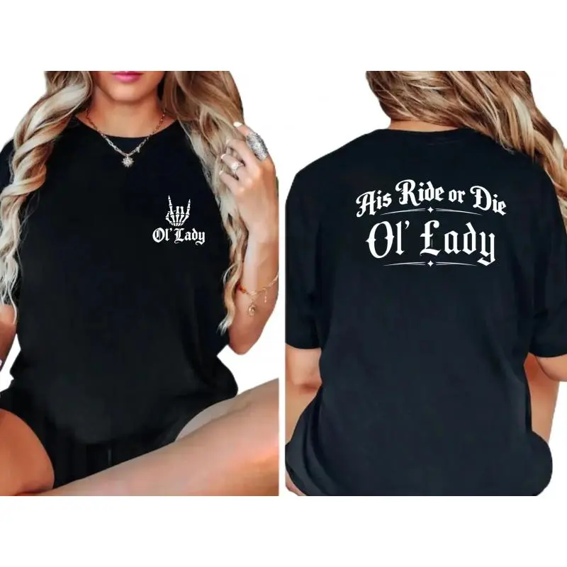 James Men's Shop Unisex Cotton Fabric Streetwear T-Shirt - Comfortable Short-Sleeve Western Gothic Biker Top, Ride or Die Ol’ Lady Statement Pocket Tee for Casual Everyday Wear, Fit, Outdoor, Soft