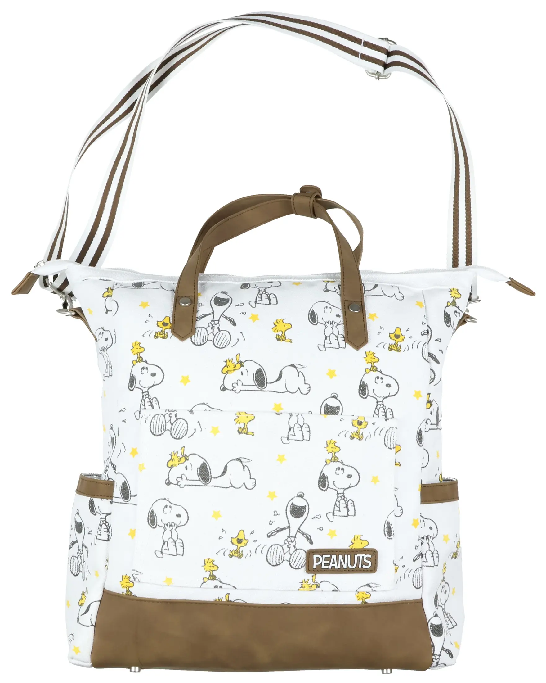 Peanuts Convertible Totepack Snoopy and Woodstock Backpack with Carrying Handles and Shoulder Strap Faux Leather Bottom Bag 16"