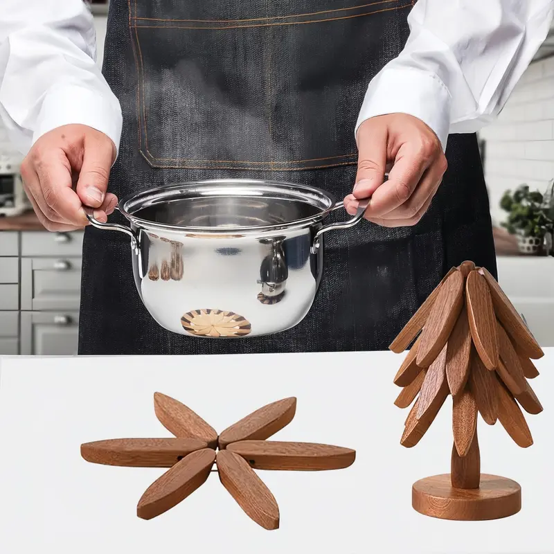Natural Tree-Shaped Wooden Decorative Trivets Set - 4 Trivets & 1 Stand, 450°F Heat Guard Kitchenware, 7.8in High Density Solid Wood, Foldable Textured Rustic Multi-Use Mat for Pots,Pans,Cups, Decor Kitchen Accessories, Birthday French Country Gift