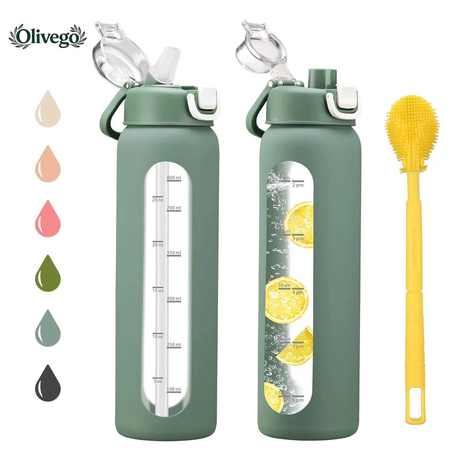 【Olivego】Reusable 32oz/1L 100% BPA-Free Borosilicate Glass Sports Water Bottle, Leakproof Tumblers with 2 Lids (Straw & Spout), Time Marker, Anti-Slip Sleeve Stays Put, Thick Base Durable, Portable Drinkware for Work & Gym - Washable Gift for Him/Her