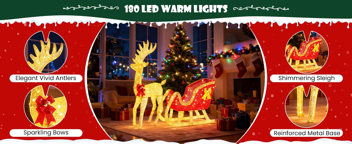 Lighted Christmas Reindeer & Sleigh Holiday Outdoor Yard Decoration Set ,3D LED Santa Claus Sleigh with Reindeer, Christmas Decoration Light