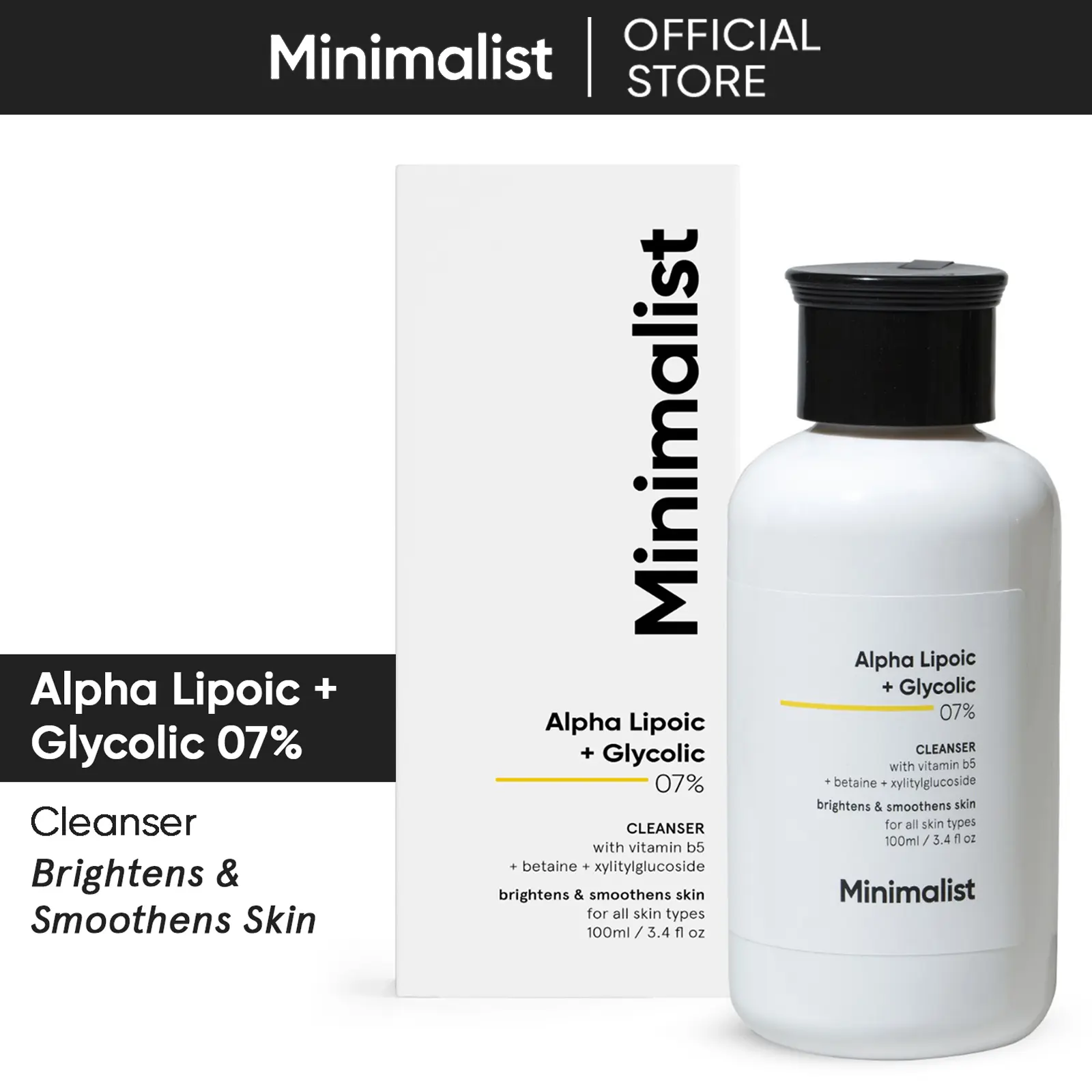 Minimalist Brightening Face Cleanser With Vit B5 | Alpha Lipoic + Glycolic 07% | Hydrates, Exfoliates & Smoothens skin | For Men & Women | 3.4 Fl Oz/100 ml