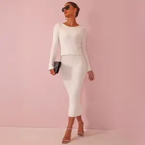 Joyfunear Women's Crew Neck Ribbed Knit Two-Piece Set Long-Sleeve Crop Top & Midi Skirt Fashionable Outfit