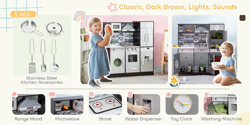 Qaba Corner Kitchen Playset with Cooking Set, Kids Kitchen Set with Range Hood, Microwave, Oven, Stove, Refrigerator, Telephone, Pretend Play Kitchen with Sound Effect for Toddlers
