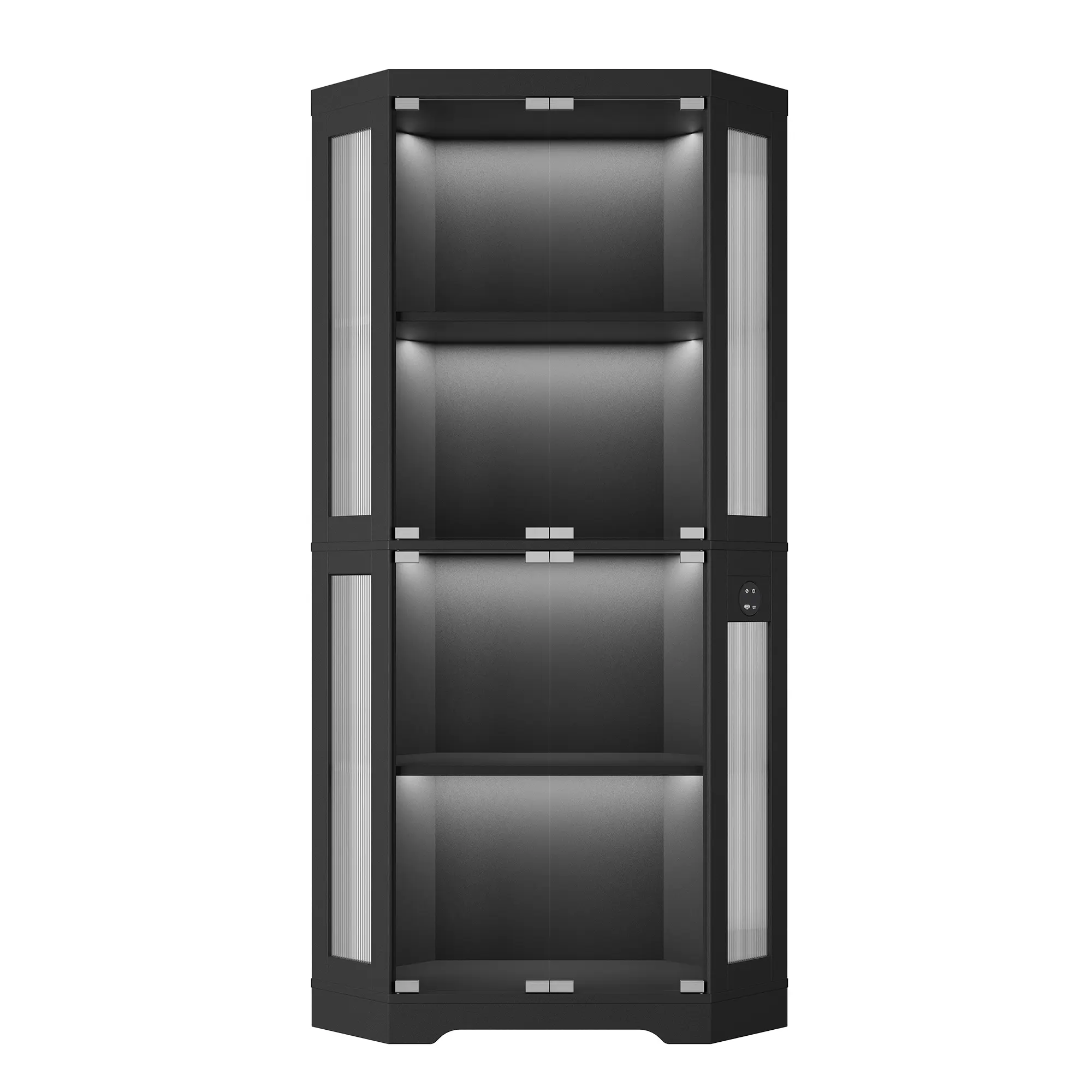 Garvee Corner Glass Display Cabinet with 4 Removable Shelves, 3‑Color LED Light, Motion Detector & USB Ports, Modern Showcase for Collectibles, Books, Toys, Decor, for Dining Room, Living Room, Study