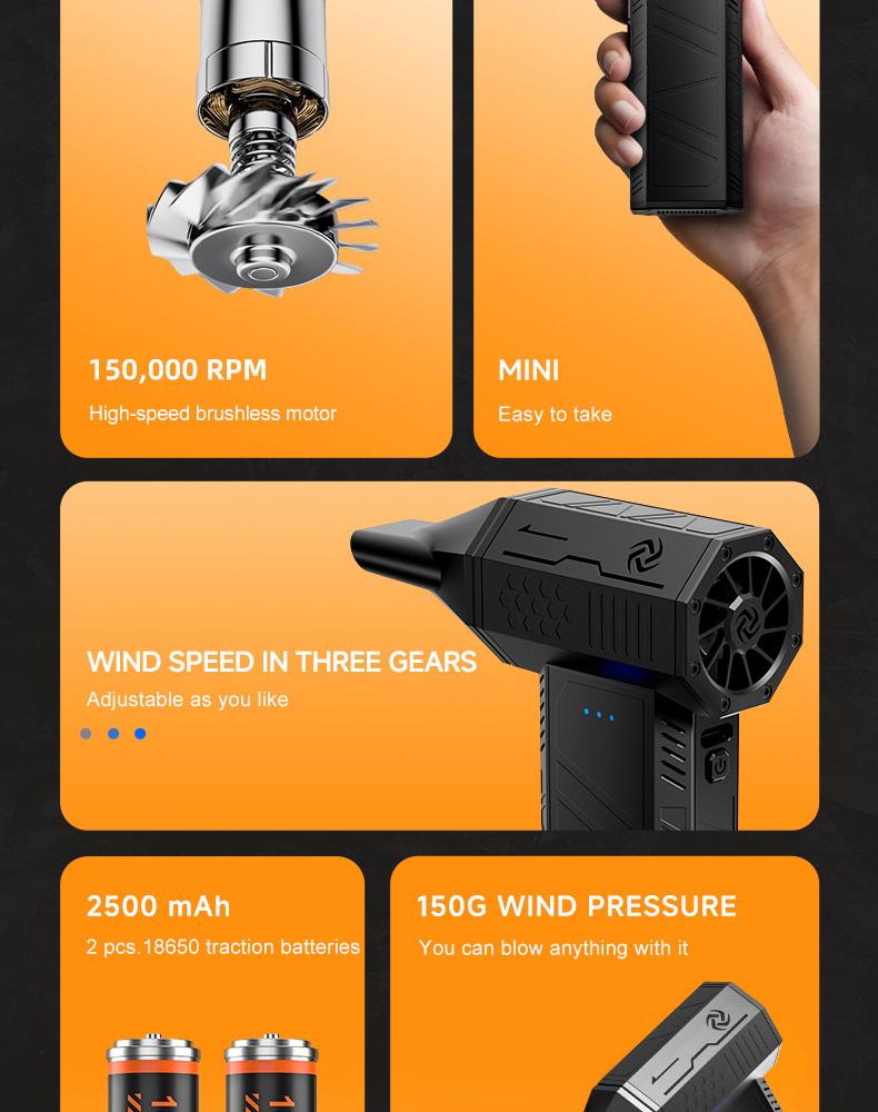 180W Ultra-Powerful Air Duster: 150K RPM for Violent Dust/Snow Removal. Blast Away Debris from PCs, Car AC Vents & Seat Corners, Furniture, Yard Leaves & Pet Hair. High-Speed Handheld Blower with Brushless Motor.