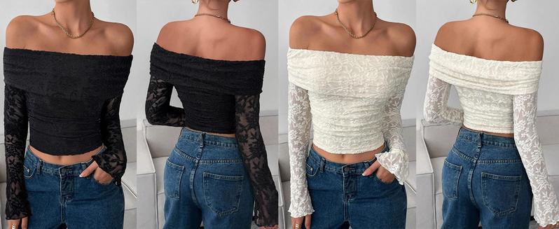 Women Off Shoulder Tops for Women Mesh Long Sleeve Floral Lace Slim Fit Blouses Shirts Going Out Fall Clothes