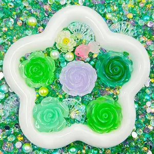 Jaded Serenity  -  Rose Mix - Floral Resin Cabochon Mix with Rhinestones – Assorted Flower Resin Charms for Whipped Cream Glue, Resin Art & Mirror Decoration