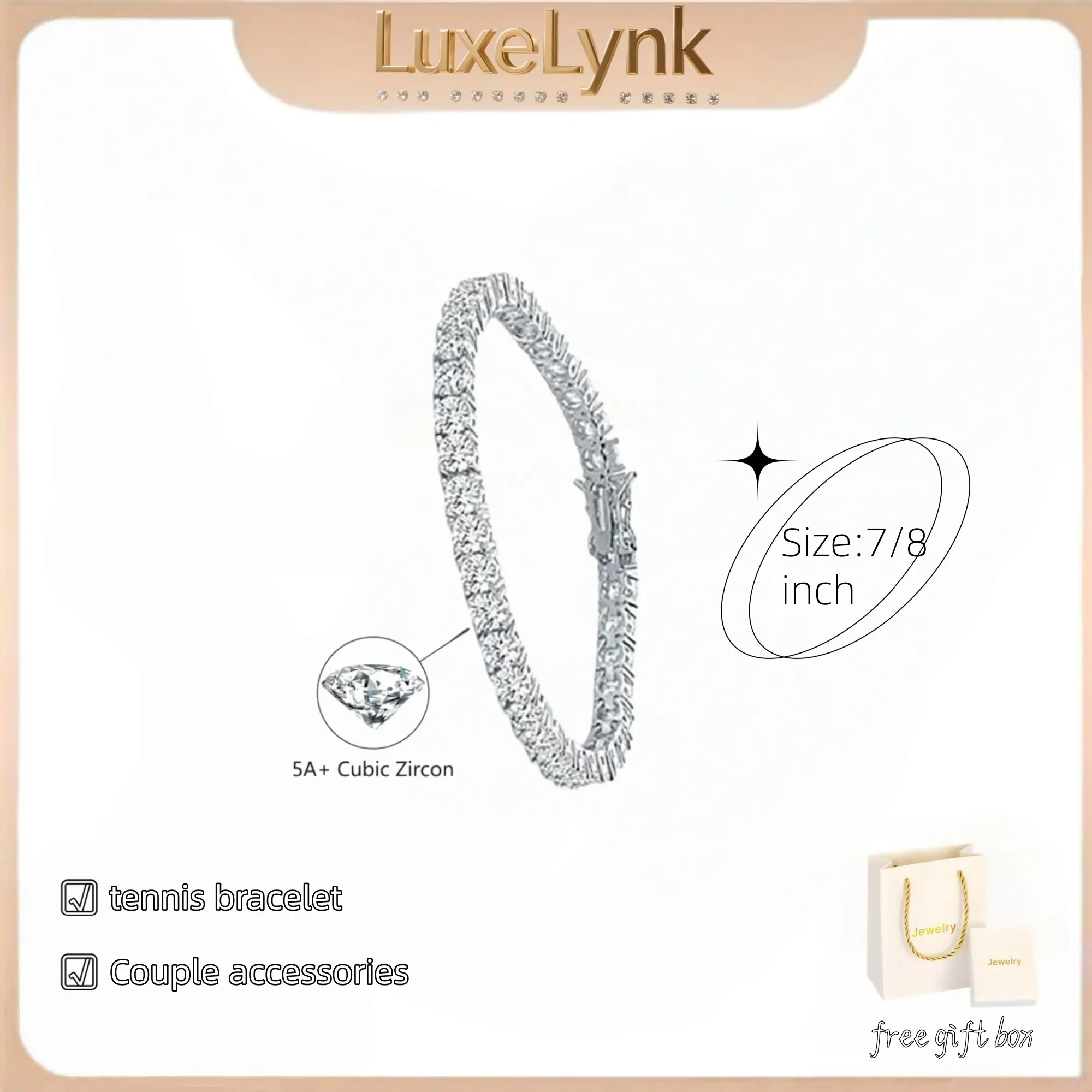 Tennis bracelet width: 3/5 mm, length: 7/8 inches. Available in gold or silver. Unisex single-row zircon hip-hop bracelet. High-end, versatile couple bracelet.