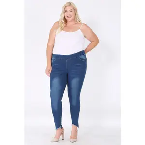 Plus Size Mid-rise blue Denim pull-on Jeggings pants with belt loops and pockets