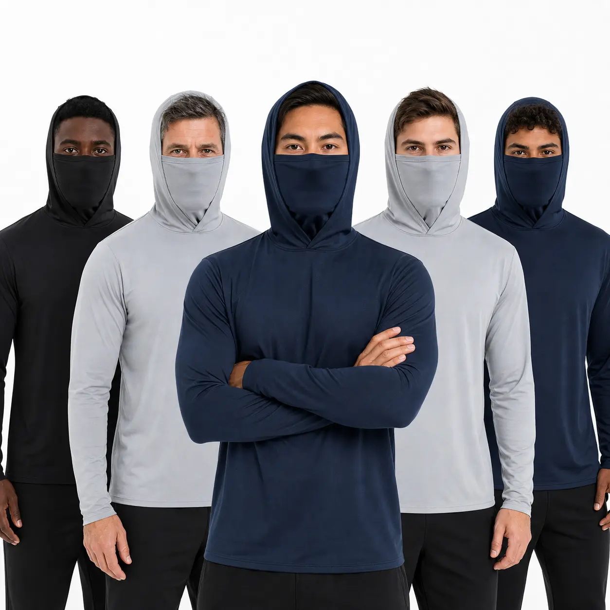 Men's 6-Pack Hooded Sun Shirts, Long-Sleeve Quick-Dry Polyester with Built-in Face Cover, UV Protection for Hiking & Outdoor Work, Sun Protection, Long Sleeve Shirt, Solid Men's Long-Sleeve T-Shirts