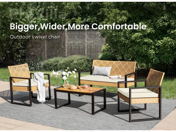 Phi Villa 4-Piece Patio Conversation Set - Wicker Chairs, Acacia Wood Coffee Table, Solid Wood Tabletop, Durable & Stylish Outdoor Design Furniture, Deals for You