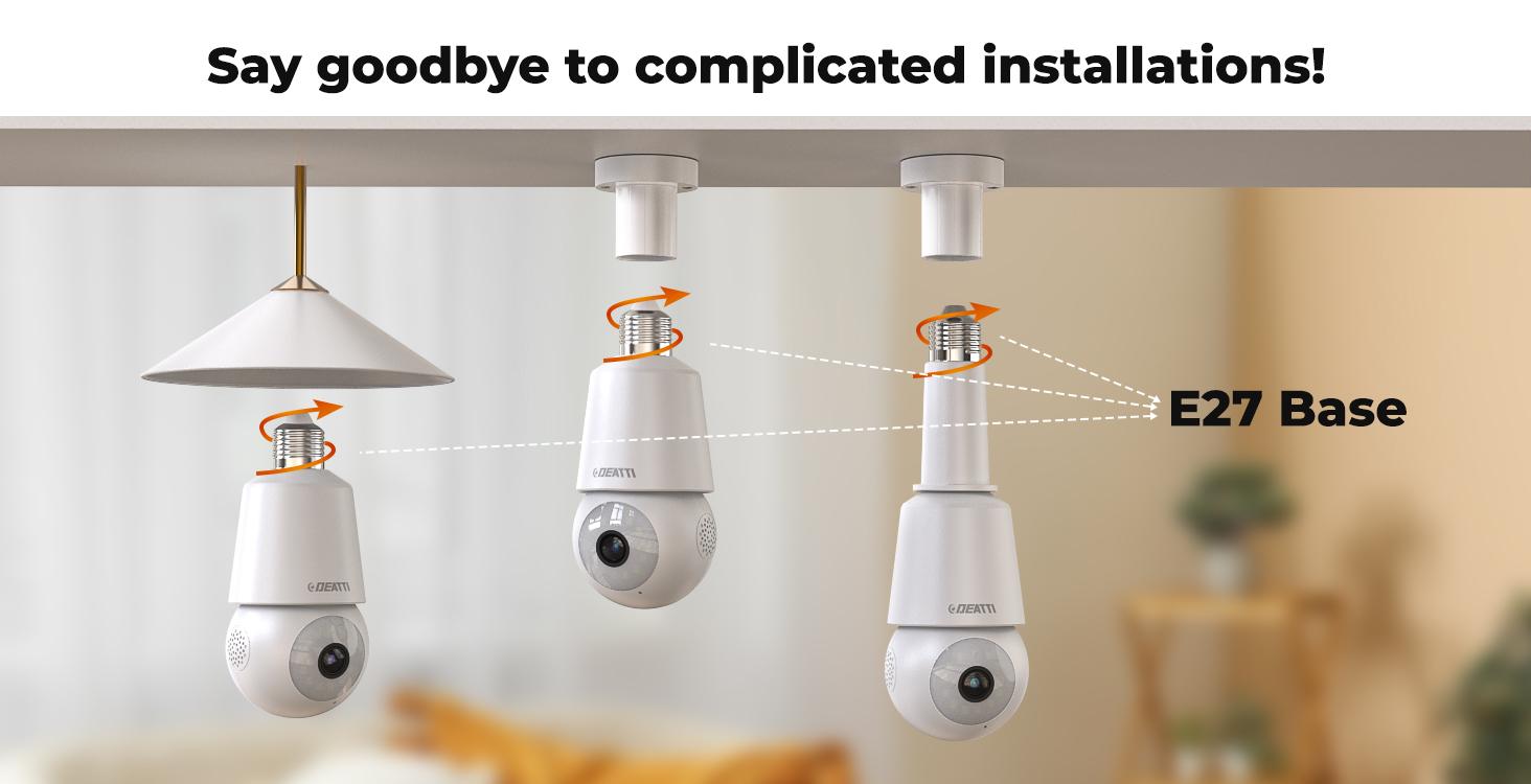 DEATTI 4MP Bulb Security Camera 2.4GHz 360° 2K Wireless Outdoor & Indoor Full Color Day & Night Motion Detection Audible Alarm Easy Installation Alexa Compatible Audio Connection