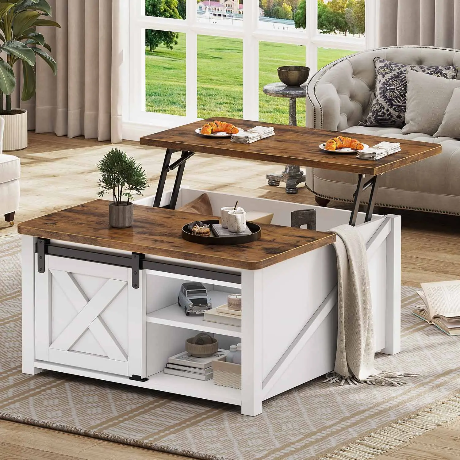 Sedeta 31.5-Inch Rustic Wood Adjustable Collapsible Coffee Table - Rectangular Indoor Living Room Center Table with Gas Strut Lift, Foldable Top, Oversize Storage Compartment, Modern Minimal Home Interior Design, Adjustable Coffee Tables, Collapsible Coff
