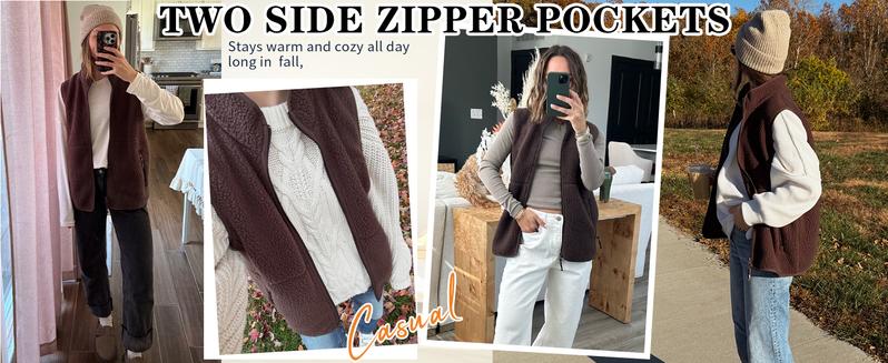 Songling Sherpa Fleece Vest for Women Trendy Warm Sleeveless Vests Jacket Lightweight Zip Coats with Pockets Fall Outerwear Fabric Soft Womenswear Fuzzy Casual Brown Outdoor Minimalist