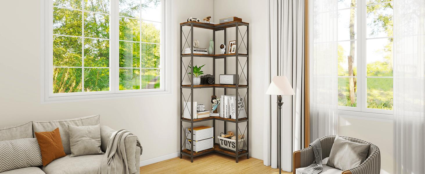 Corner Bookshelf, 5 Tier Industrial Style Design Corner Shelf with Metal Frame and Open Shelves for Living Room, Bedroom, Study, Black  IF153