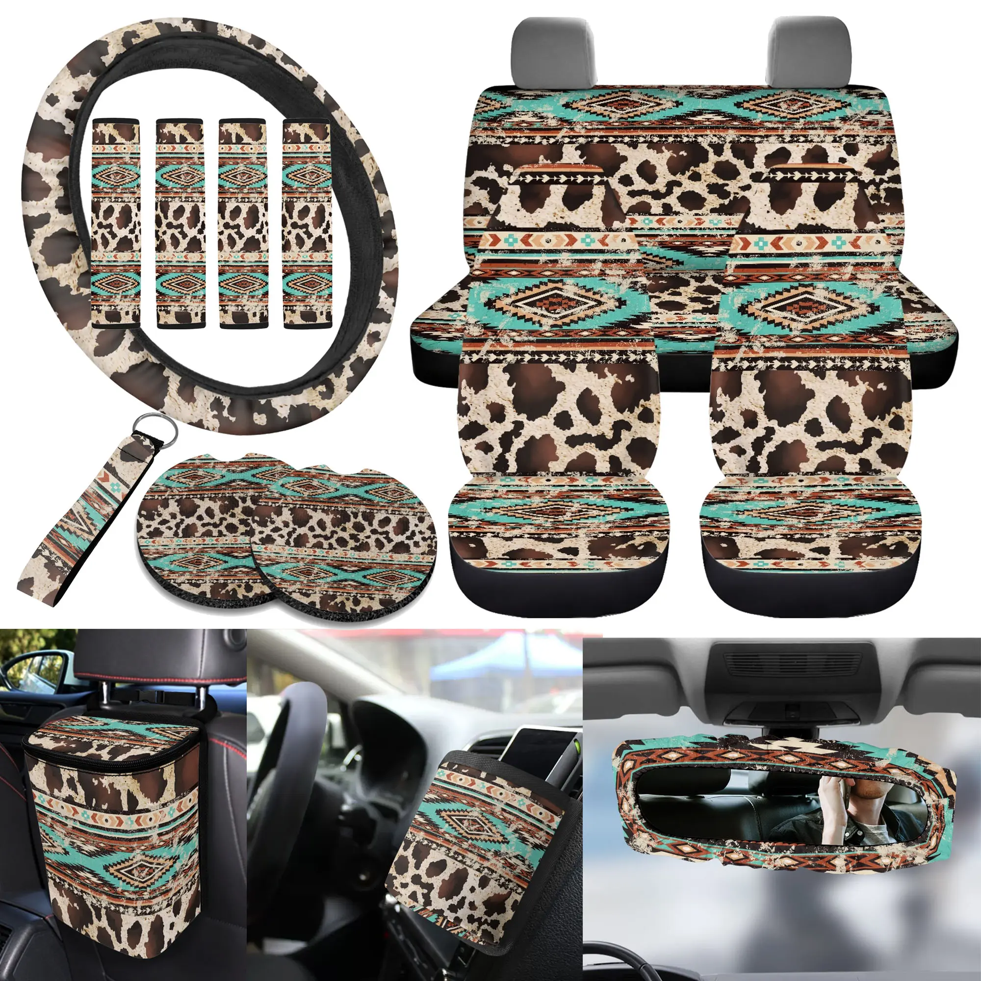 Brow Cow Print Full Set Car Seat Covers - Western Car Interior Accessories Kit with Front/Rear Seats, Steering Wheel Cover, Coasters, Seatbelt Pads, Garbage Bags, Polyester Durable Daily Use Protection, Snug Elastic Hold Non-Slip Protector, Elasticity