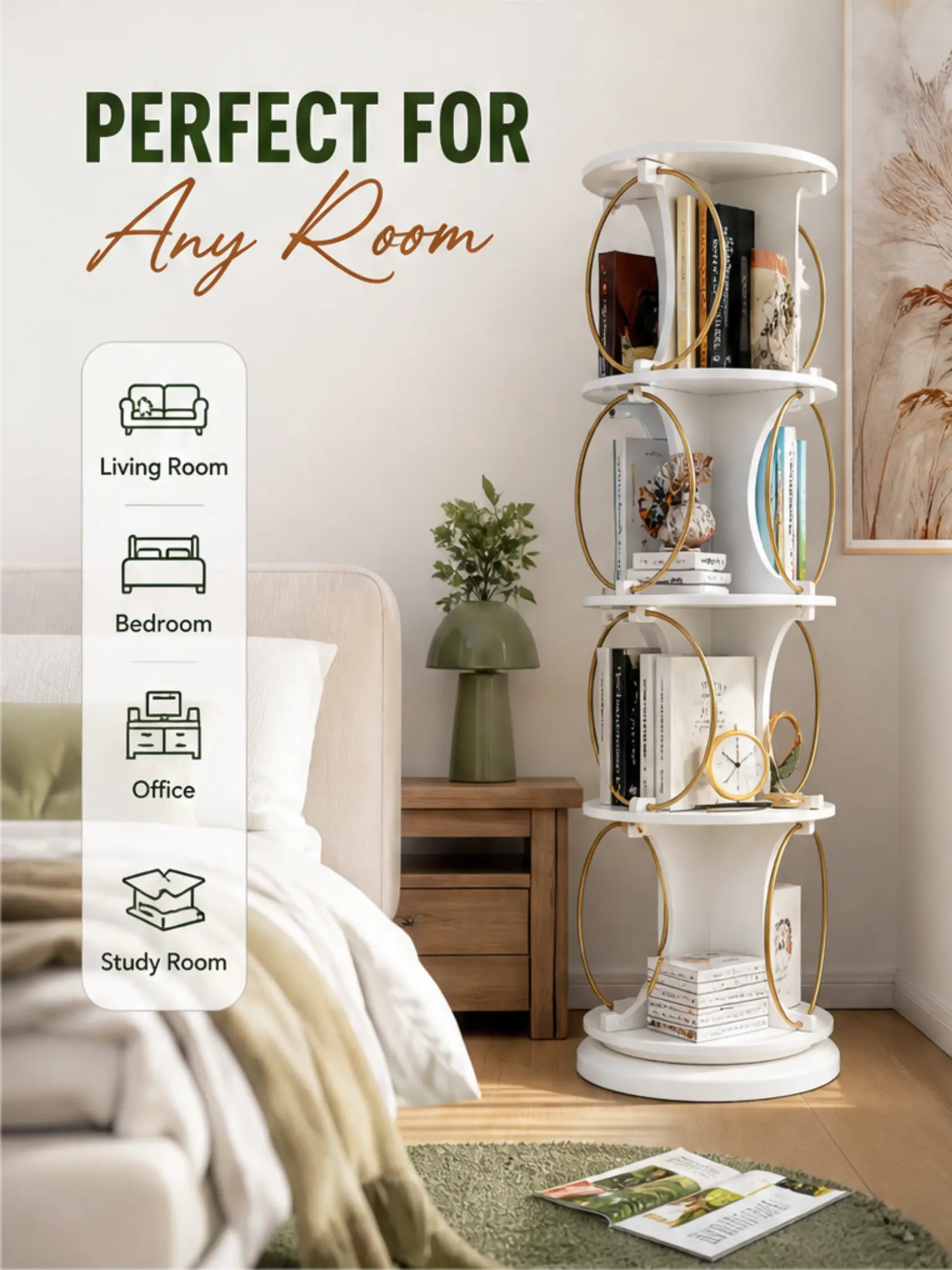 Homieasy 4 Tiers Rotating Bookshelf, 360 Display Wood Spinning Bookshelf Tower, Floor Standing Bookcase Storage Rack, Revolving Bookcase Corner Bookshelf for Small Space, Bedroom, Study Room